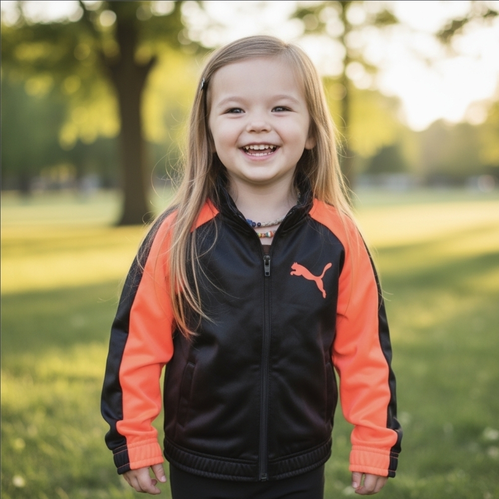 PUMA ✦ Black Salmon Zip‑Up Track Jacket ✦ Kids Lightweight Athletic 4T